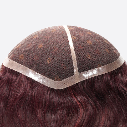 Burgundy Highlight Toupee Is French Lace Custom Toupee